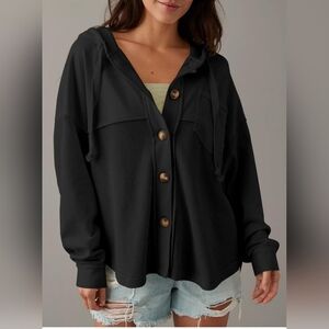 Women's Button Down Hoodie Sweatshirt Waffle Long Sleeve Drawstring